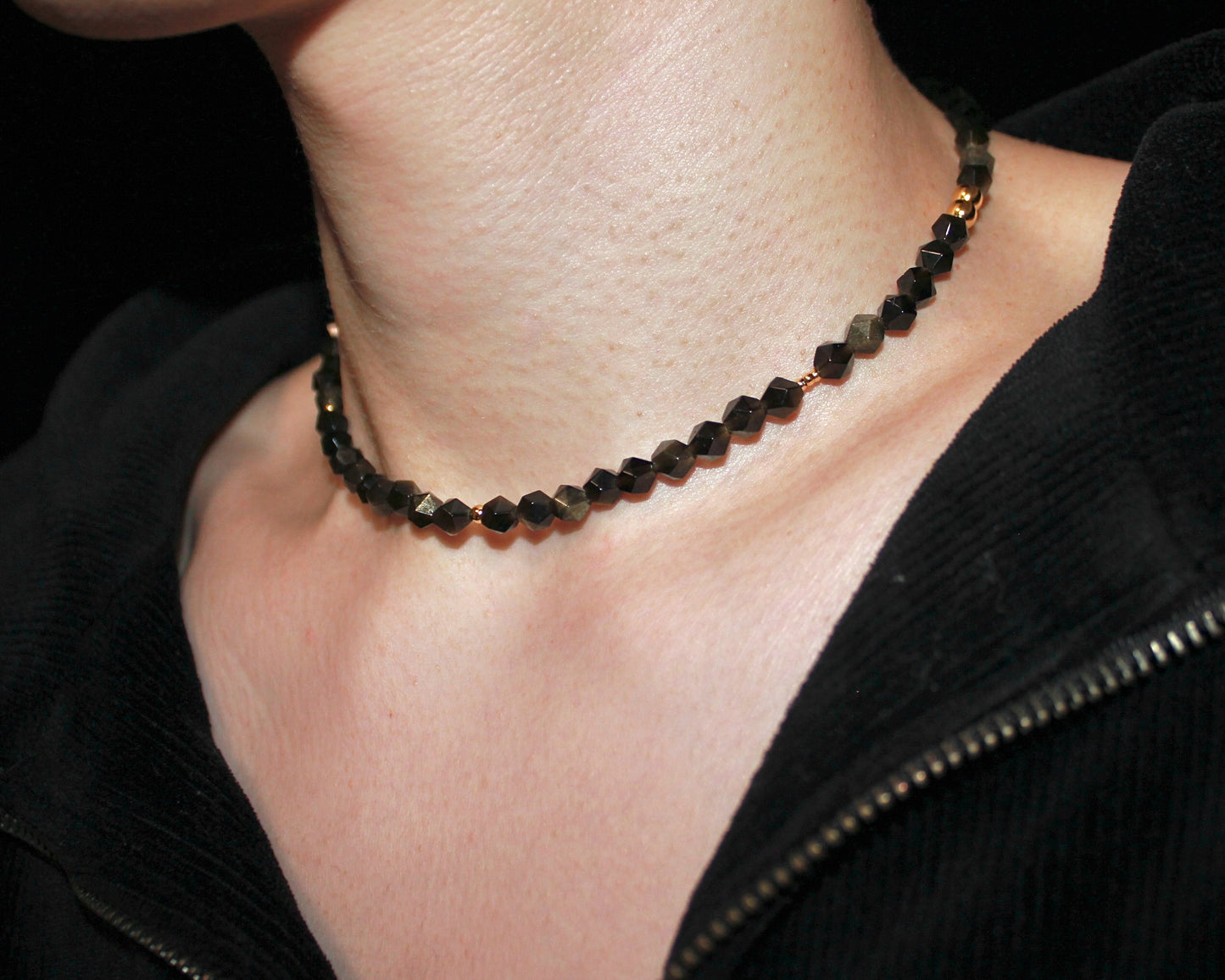 -潜在能力の開花へ導く黒曜石-オブシディアン：Multifaceted cut necklace